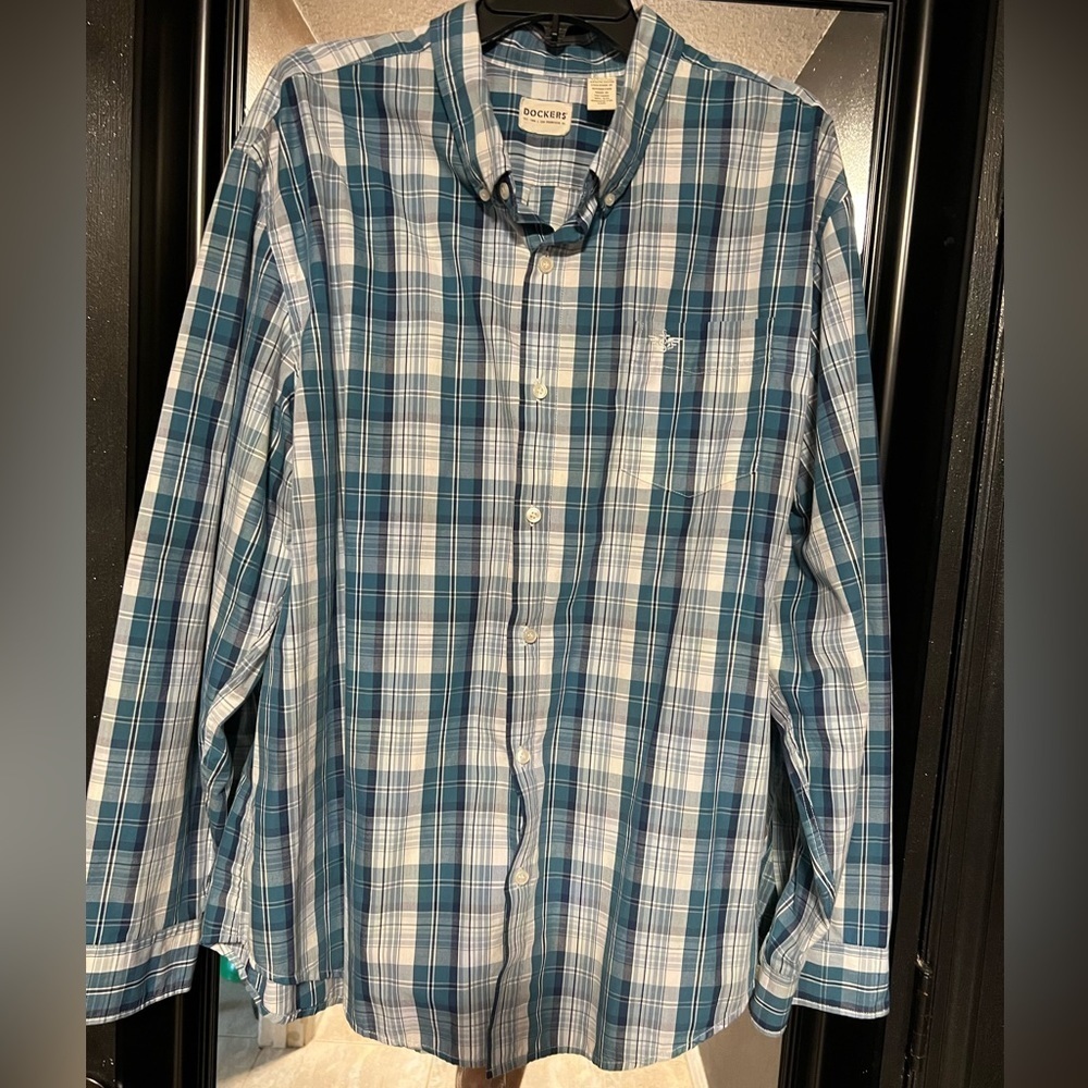 EUC- MENS DOCKER TEAL WHITE AND BLACK PLAID LONG SLEEVE SHIRT SZ 2X